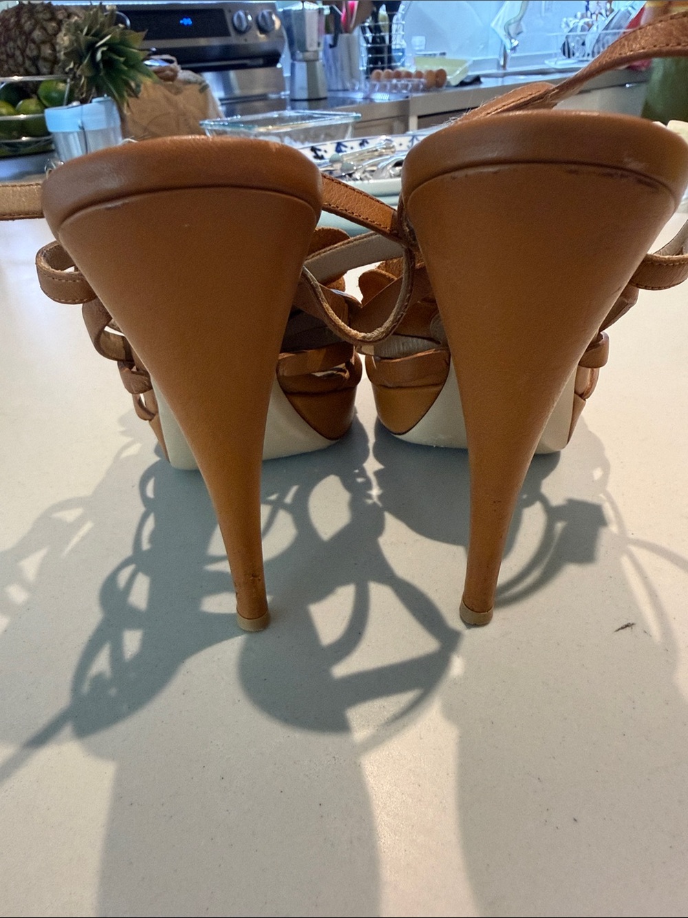Valentino Garavani Tan Leather Floral Heeled Sandals - Picture 2 of 6